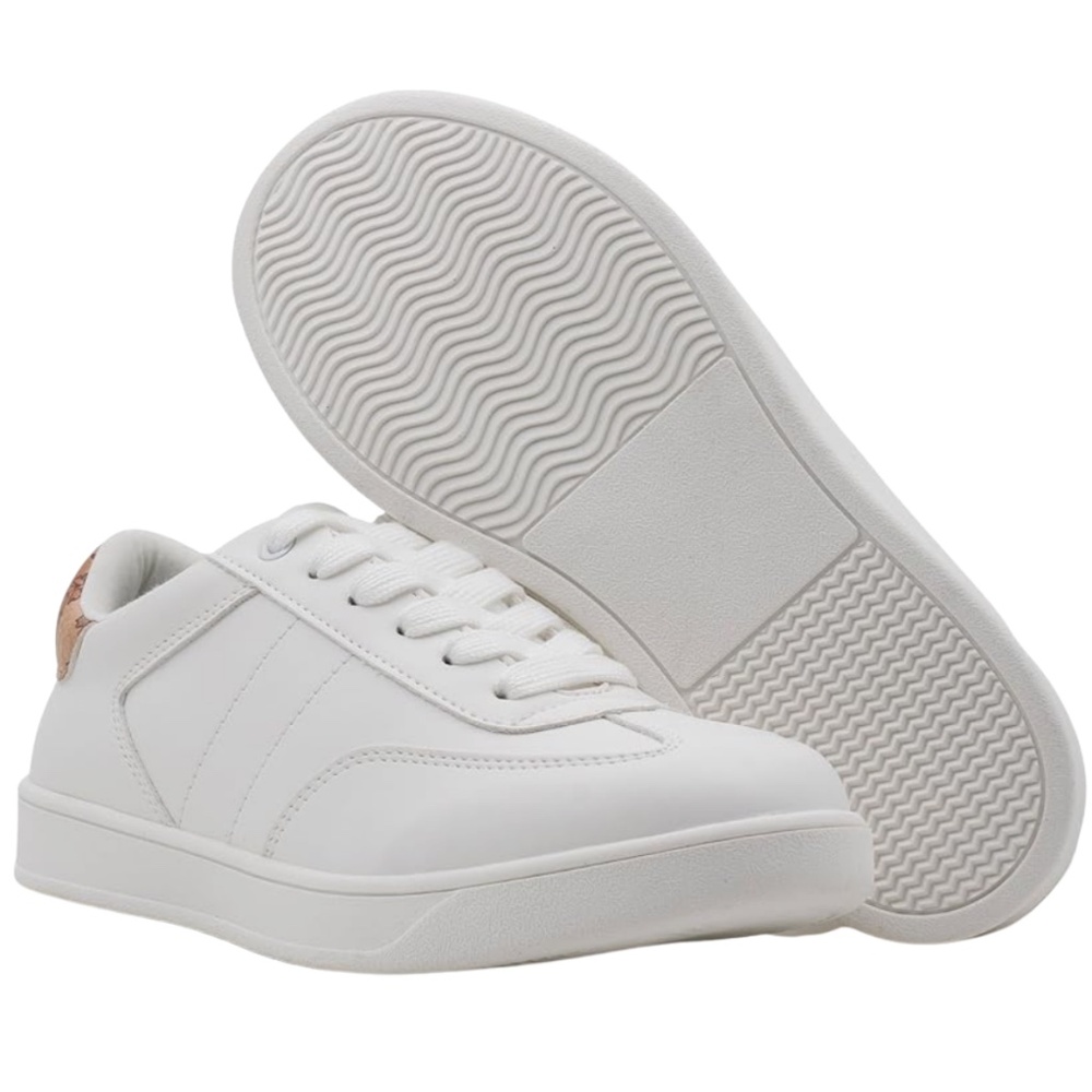 White and Brown Women's Walking Sneakers | Size 11 | Wood Grain Style